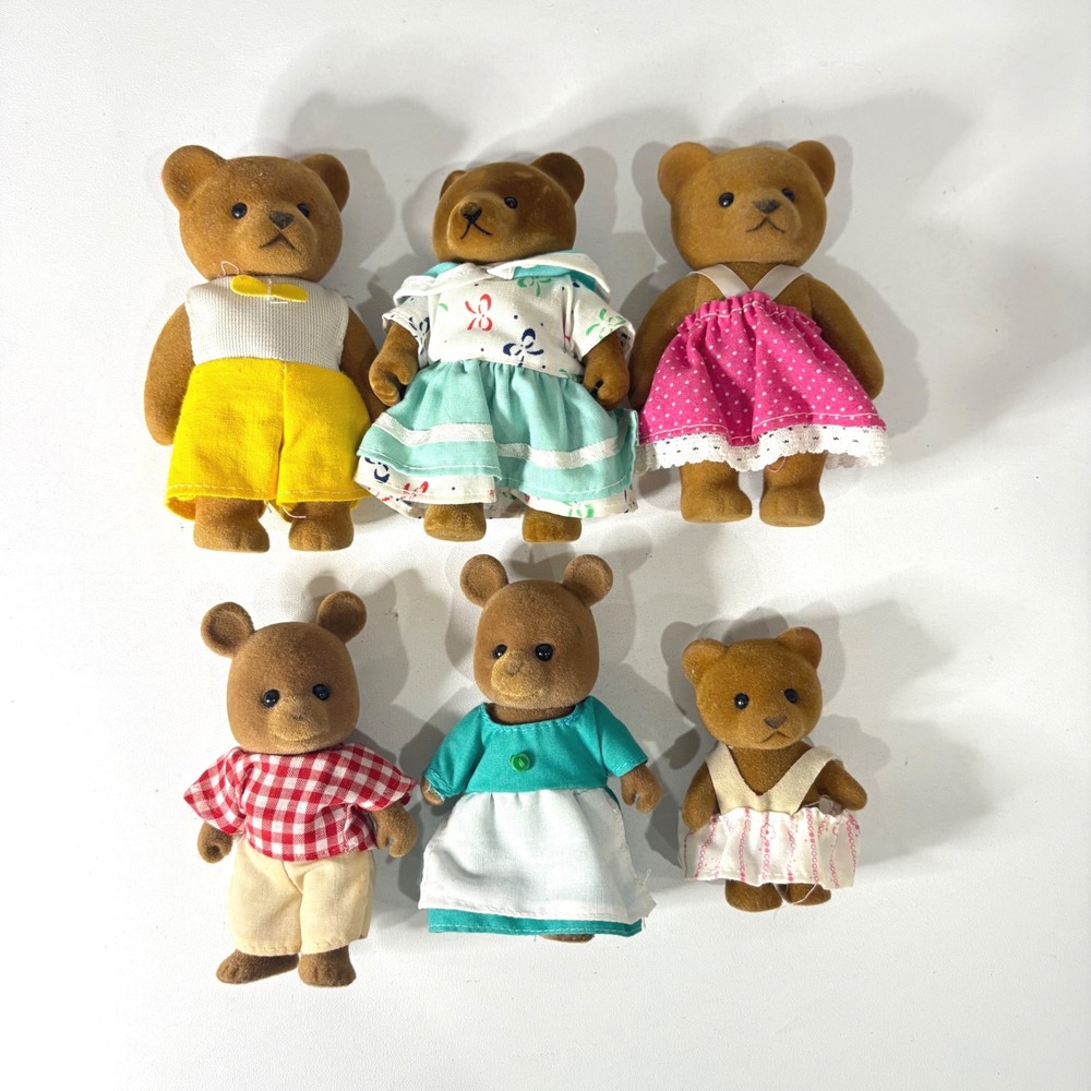 Vintage Calico Critters Sylvanian Families Bear Family Lot Flocked 6 Figures